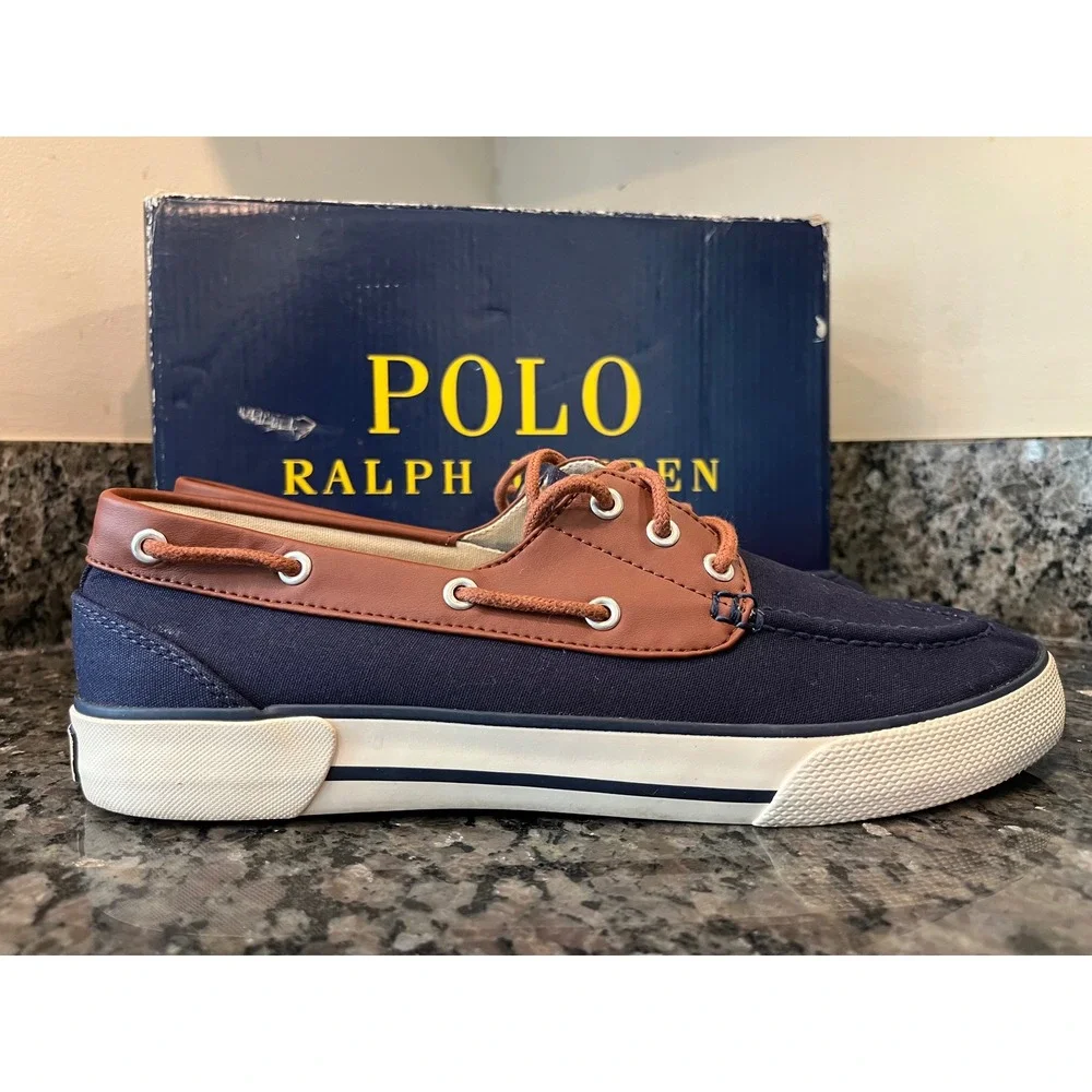 Polo Ralph Lauren Franz Mens Boat Shoes Navy Blue Brown Canvas Loafers Size 9D